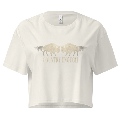 Ecru crop top with graphic of mirrored bison silhouette and words country enough #ecru