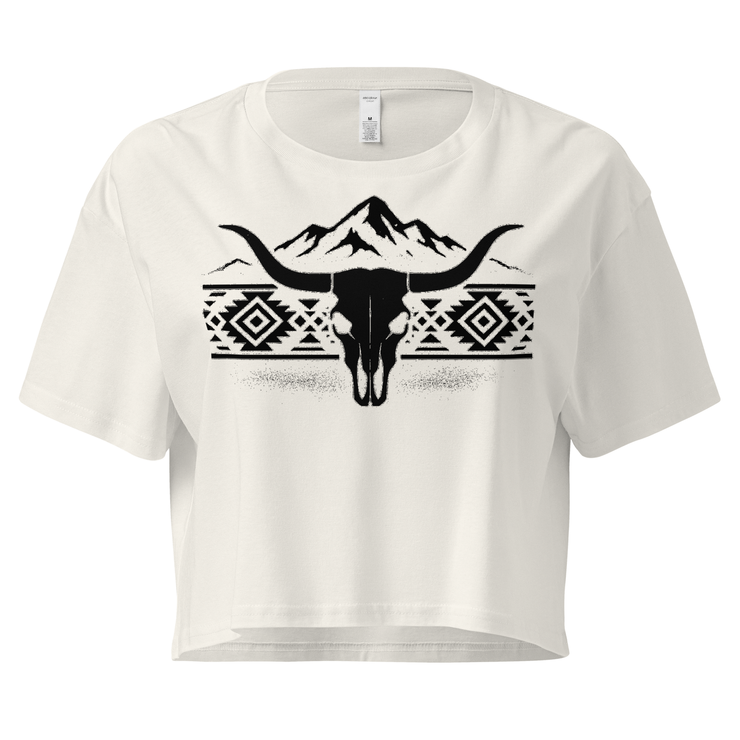 Ecru crop top with mountains, bull skull, and Aztec pattern graphic #ecru