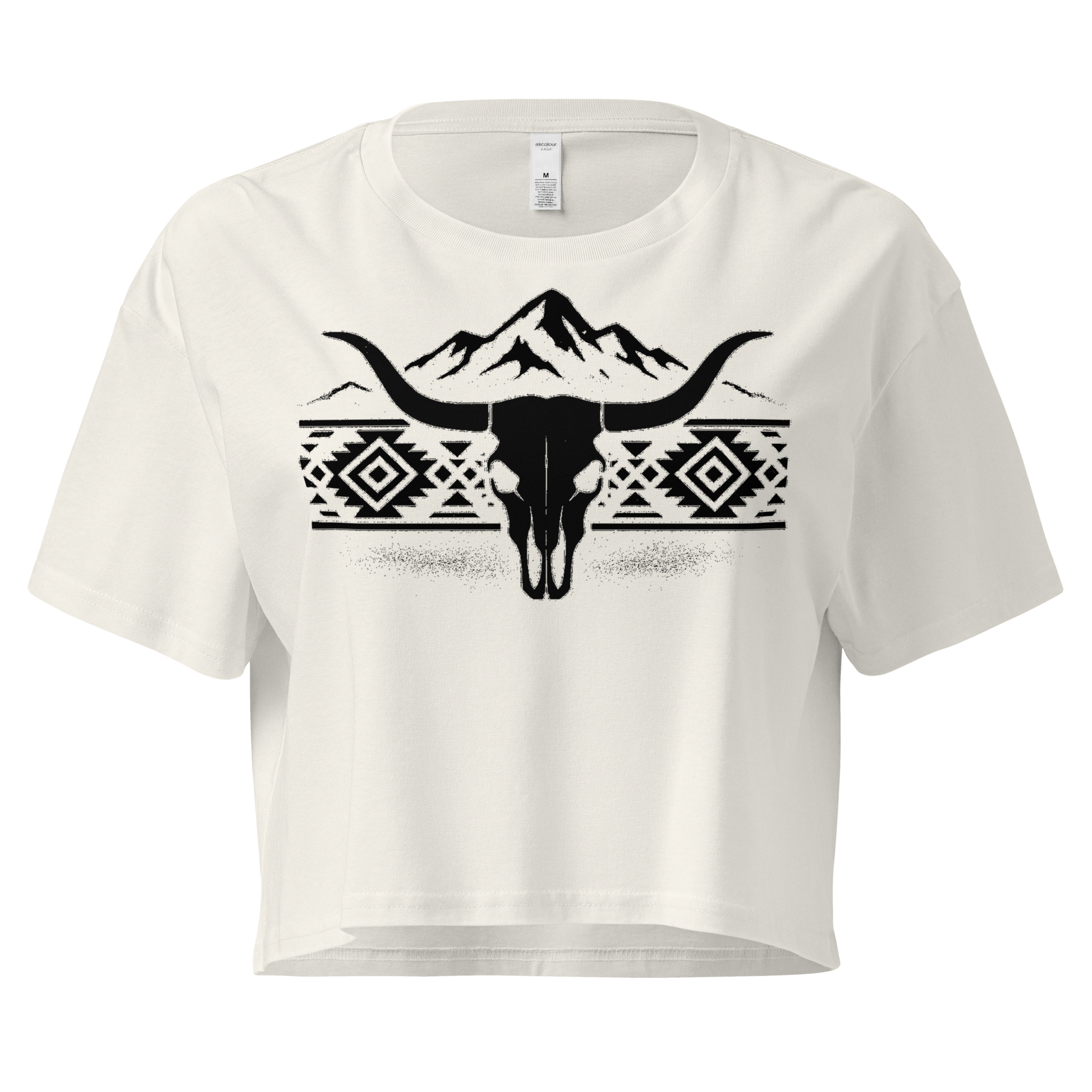 Ecru crop top with mountains, bull skull, and Aztec pattern graphic #ecru