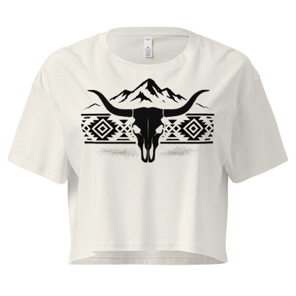 Ecru crop top with mountains, bull skull, and Aztec pattern graphic #ecru