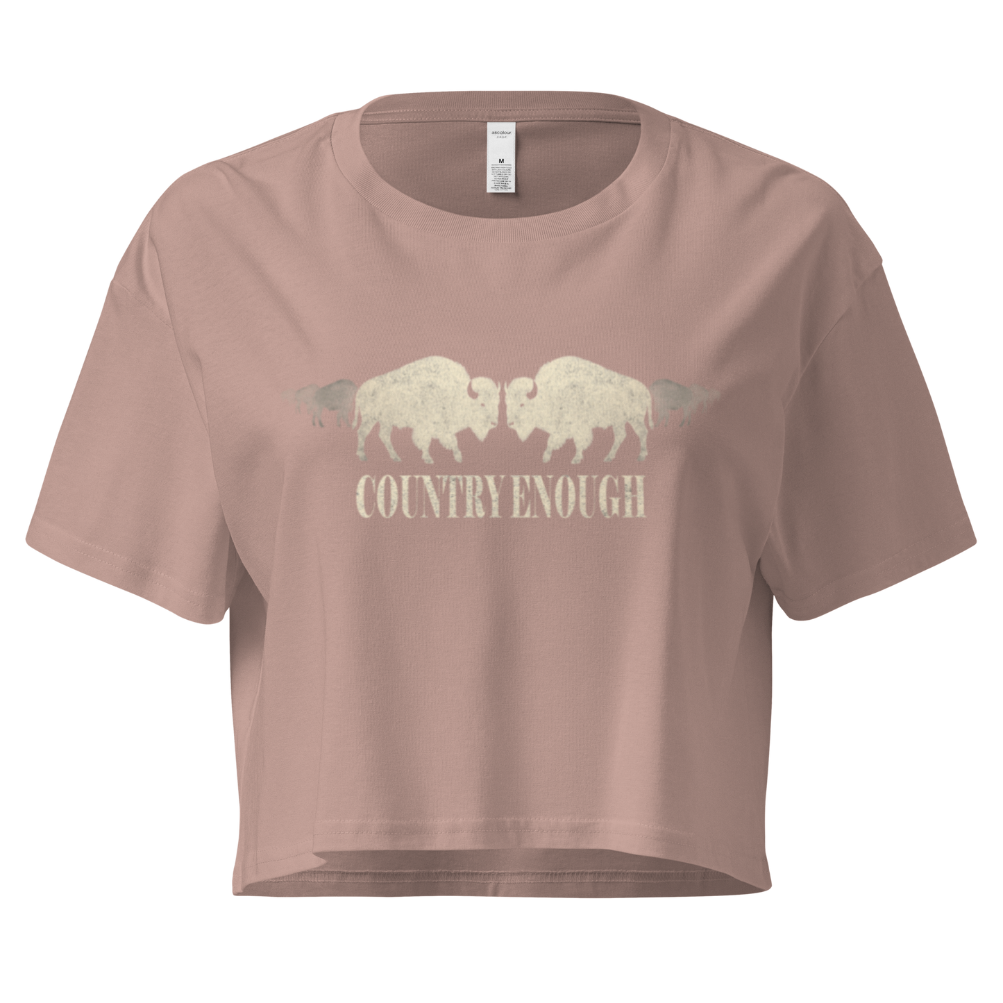 Hazy Pink crop top with graphic of mirrored bison silhouette and words country enough #hazypink