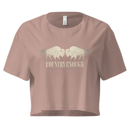 Hazy Pink crop top with graphic of mirrored bison silhouette and words country enough #hazypink