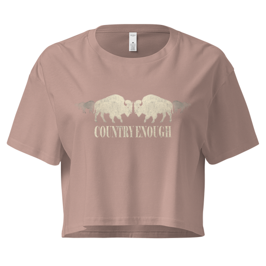 Hazy Pink crop top with graphic of mirrored bison silhouette and words country enough #hazypink