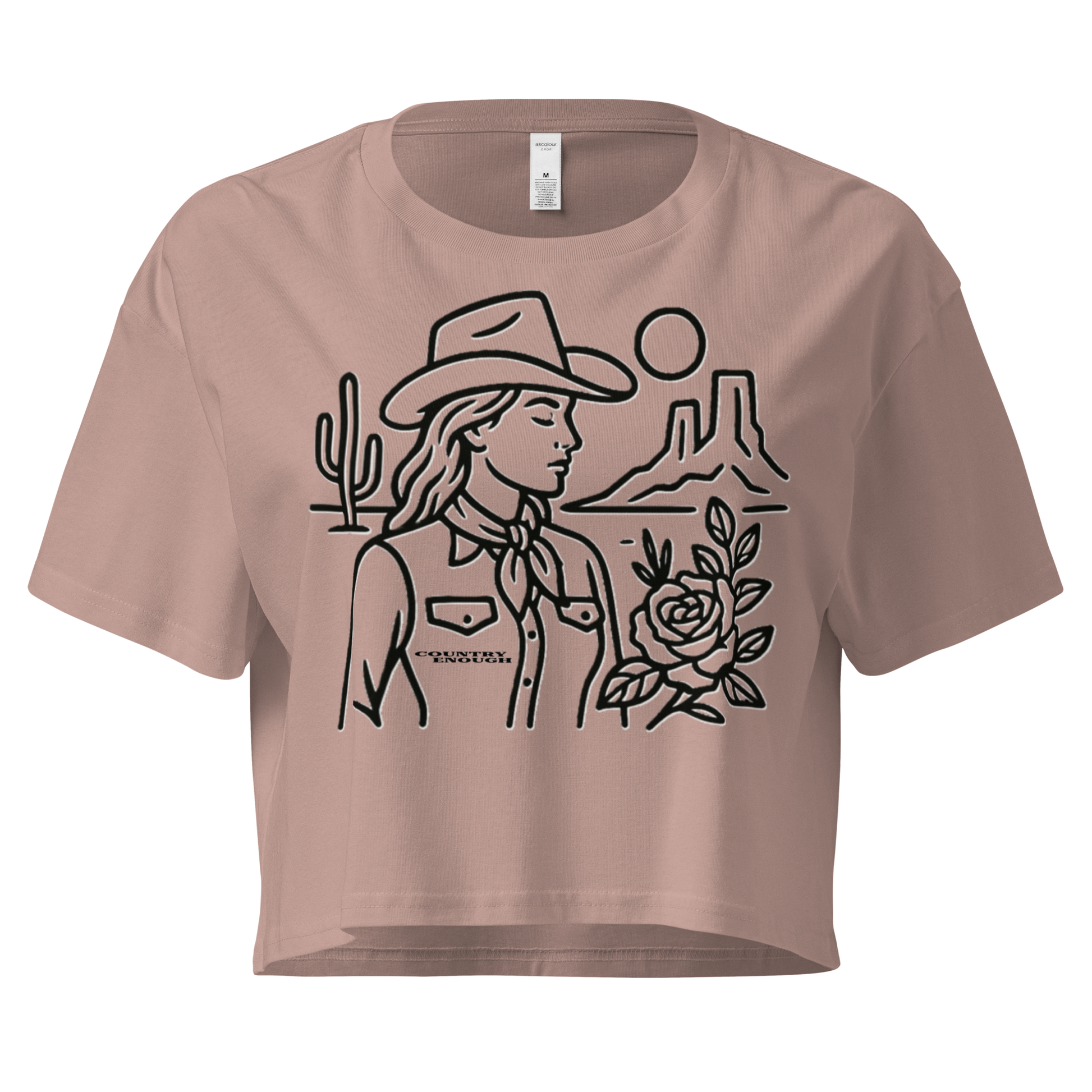 Hazy Pink crop top with graphic of a cowgirl, desert landscape, sun, cacti, and rose #hazypink
