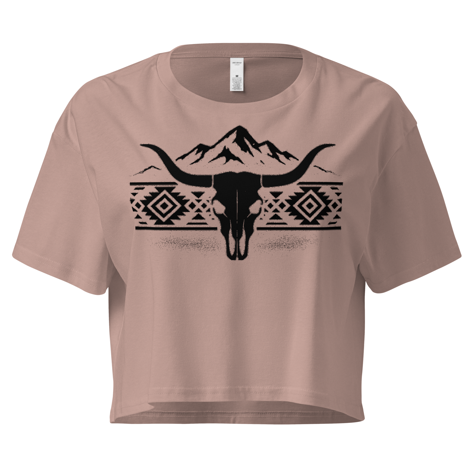 Hazy Pink crop top with mountains, bull skull, and Aztec pattern graphic #hazypink