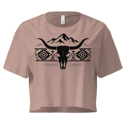 Hazy Pink crop top with mountains, bull skull, and Aztec pattern graphic #hazypink