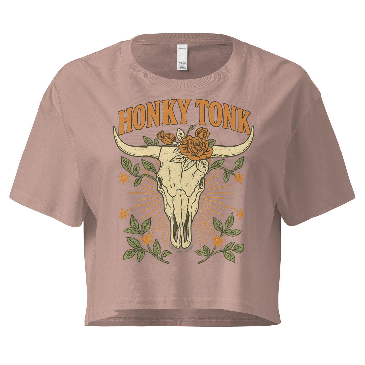 Hazy Pink crop top with graphic of bull skull and flowers with words honky tonk across the top #hazypink