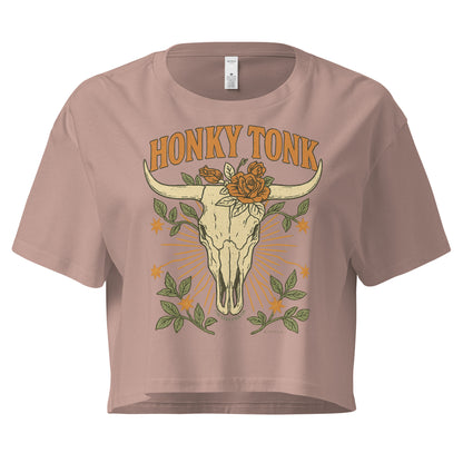 Hazy Pink crop top with graphic of bull skull and flowers with words honky tonk across the top #hazypink