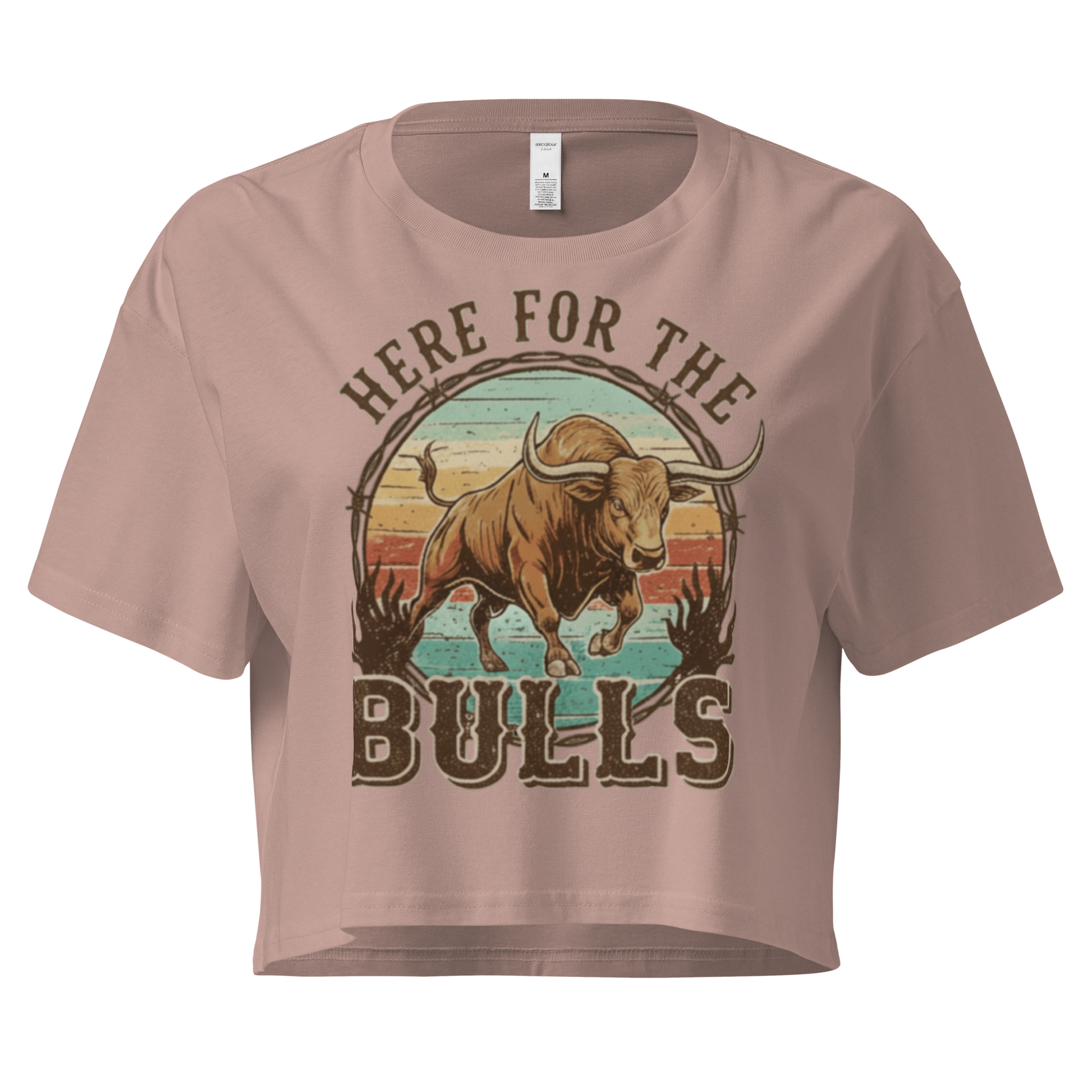 Hazy Pink crop top with graphic of retro coloring, a bull, and the words here for the bulls. #hazypink