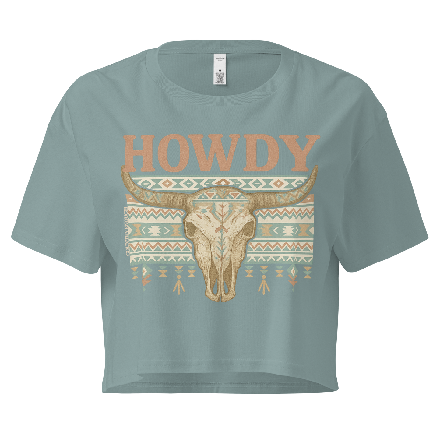 Mineral crop top with graphic of bull skull, aztec pattern, and the word howdy #mineral