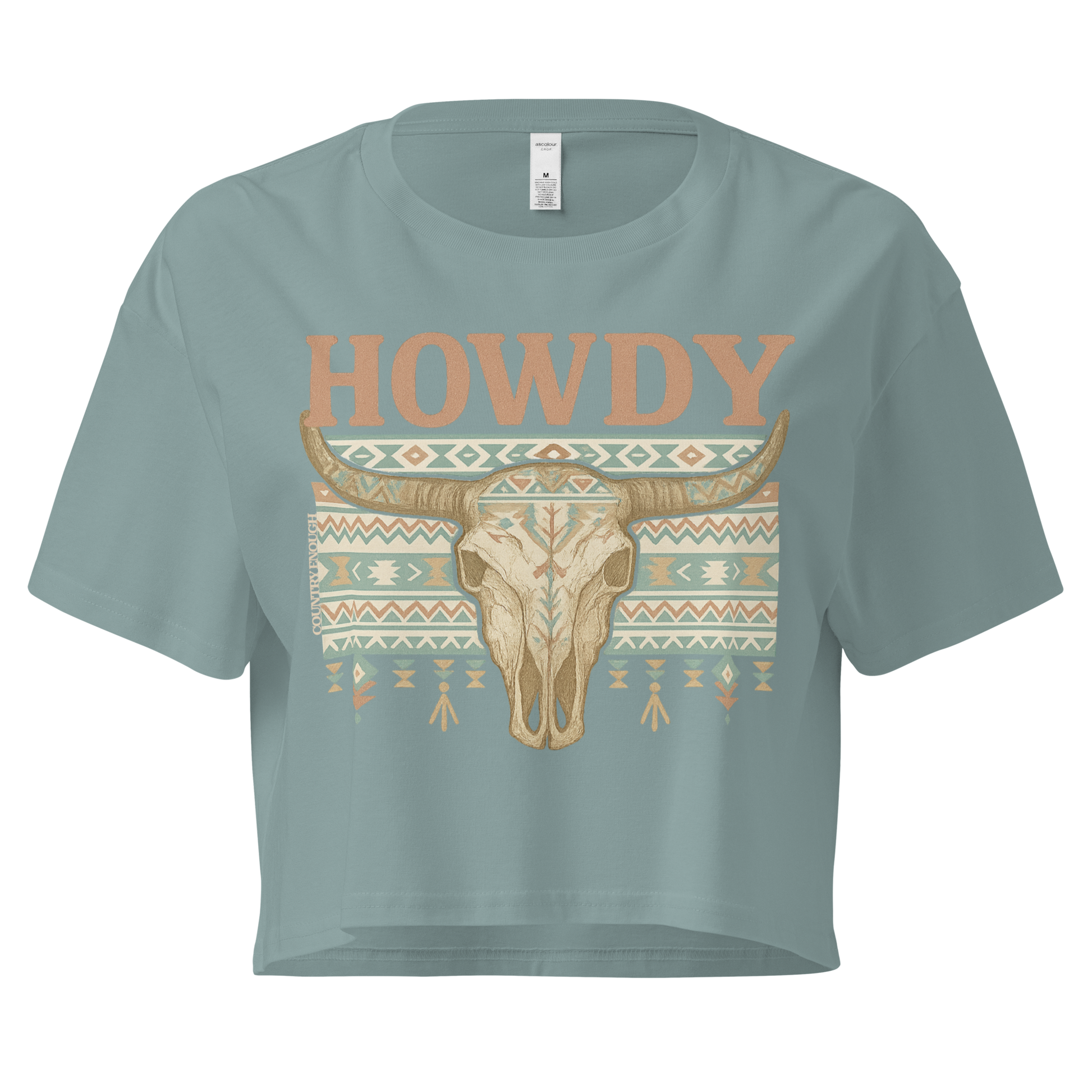 Mineral crop top with graphic of bull skull, aztec pattern, and the word howdy #mineral