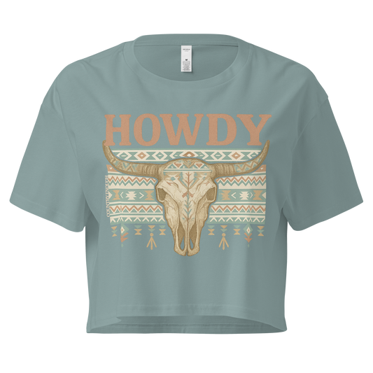 Mineral crop top with graphic of bull skull, aztec pattern, and the word howdy #mineral