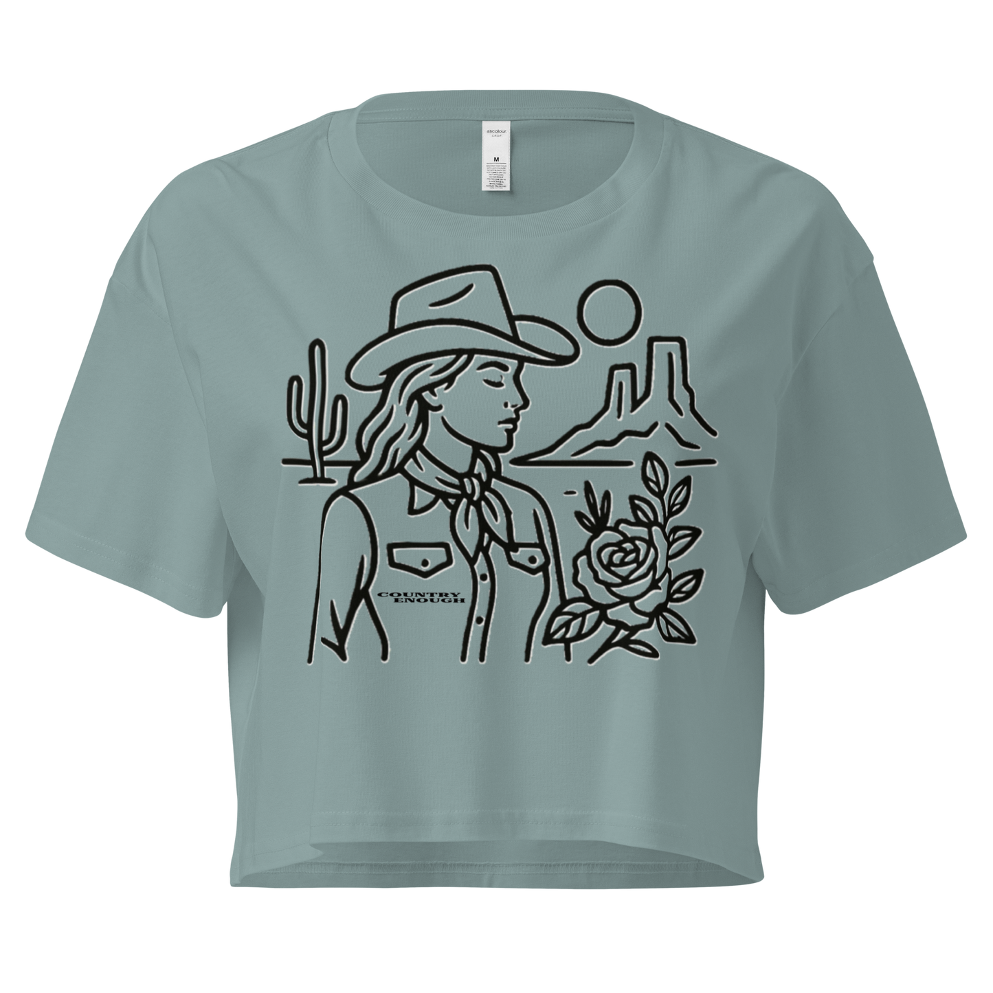 Mineral crop top with graphic of a cowgirl, desert landscape, sun, cacti, and rose #mineral