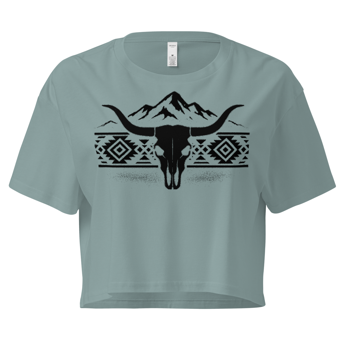 Mineral crop top with mountains, bull skull, and Aztec pattern graphic #mineral