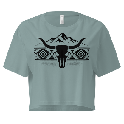Mineral crop top with mountains, bull skull, and Aztec pattern graphic #mineral