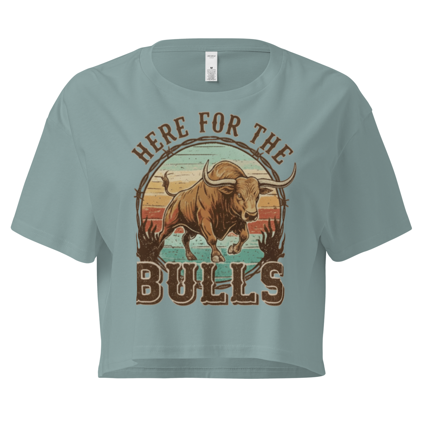 Mineral crop top with graphic of retro coloring, a bull, and the words here for the bulls. #mineral