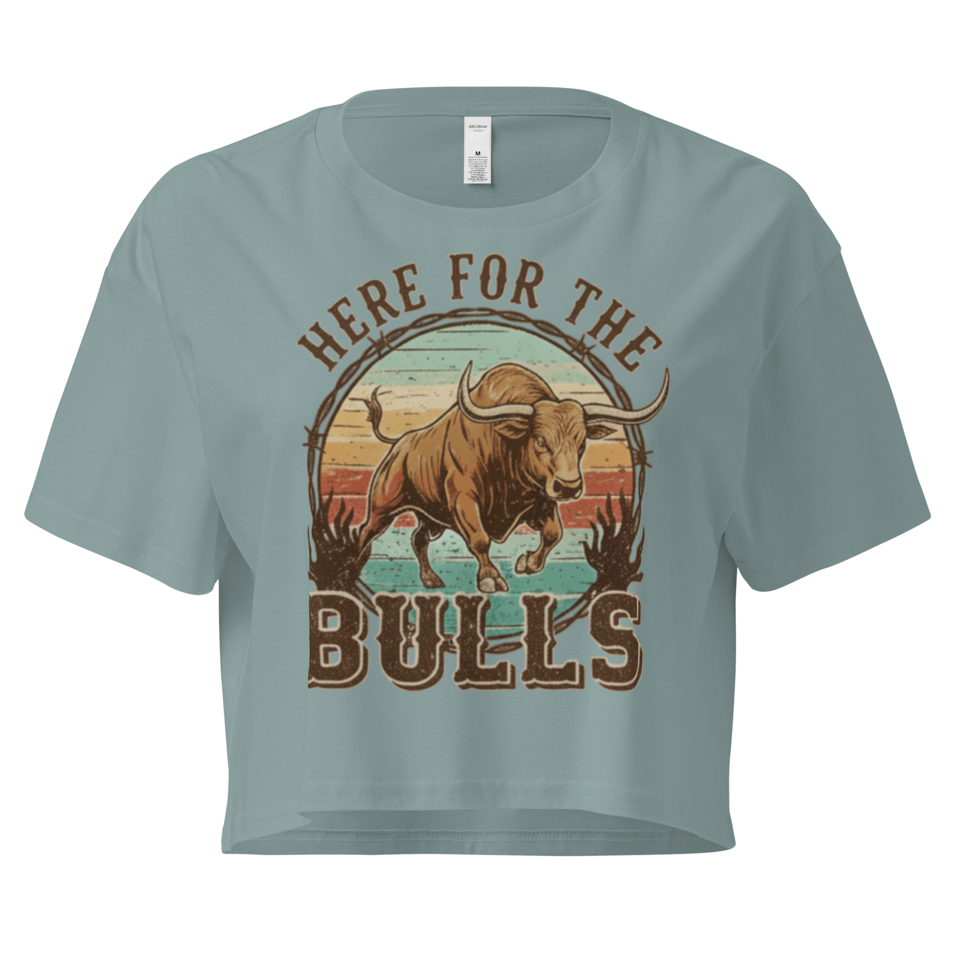 Mineral crop top with graphic of retro coloring, a bull, and the words here for the bulls. #mineral