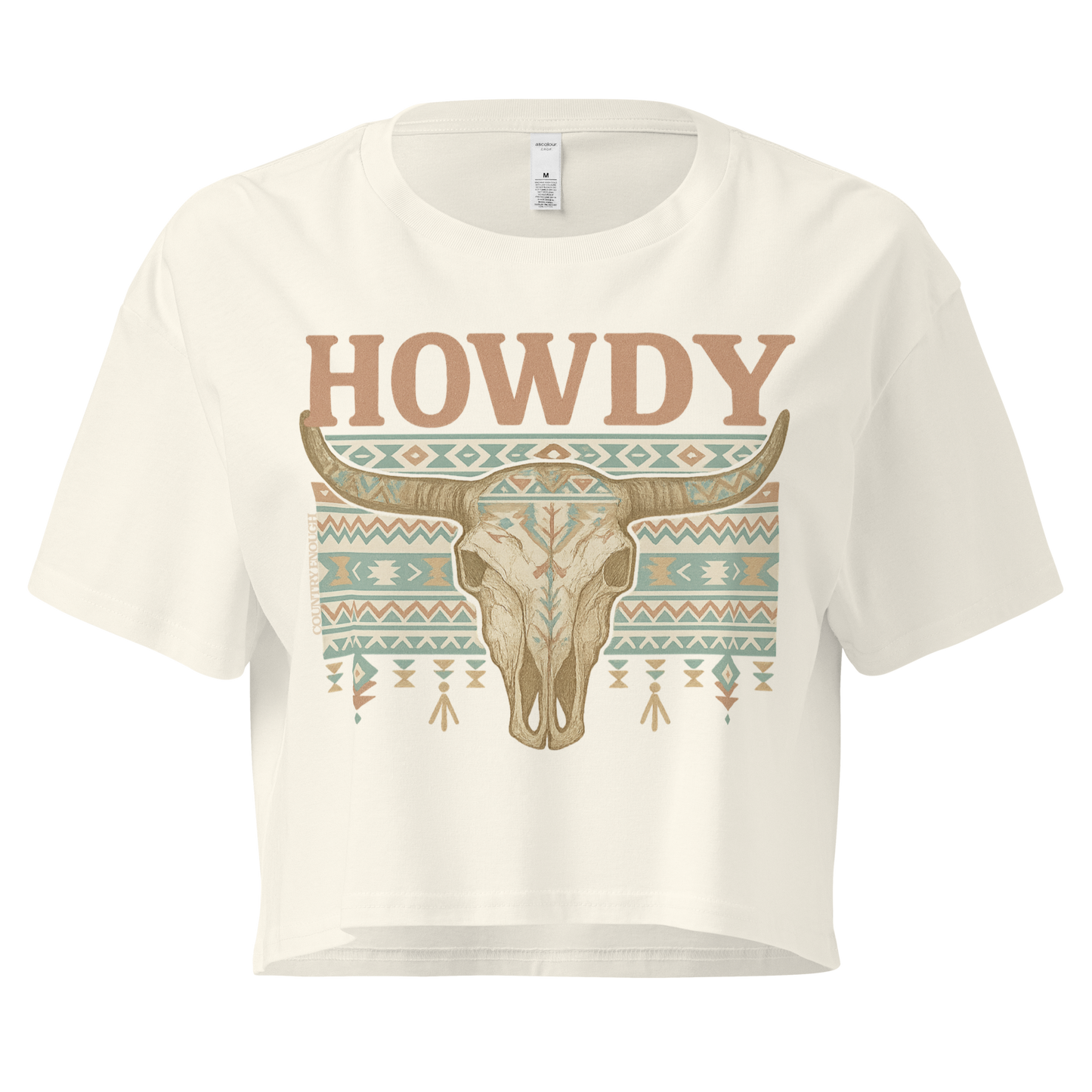 Natural crop top with graphic of bull skull, aztec pattern, and the word howdy #natural