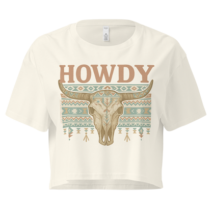 Natural crop top with graphic of bull skull, aztec pattern, and the word howdy #natural