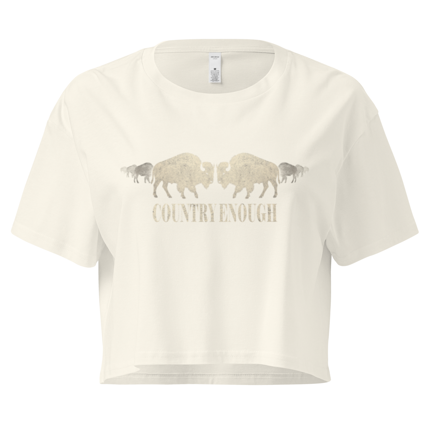Natural crop top with graphic of mirrored bison silhouette and words country enough #natural
