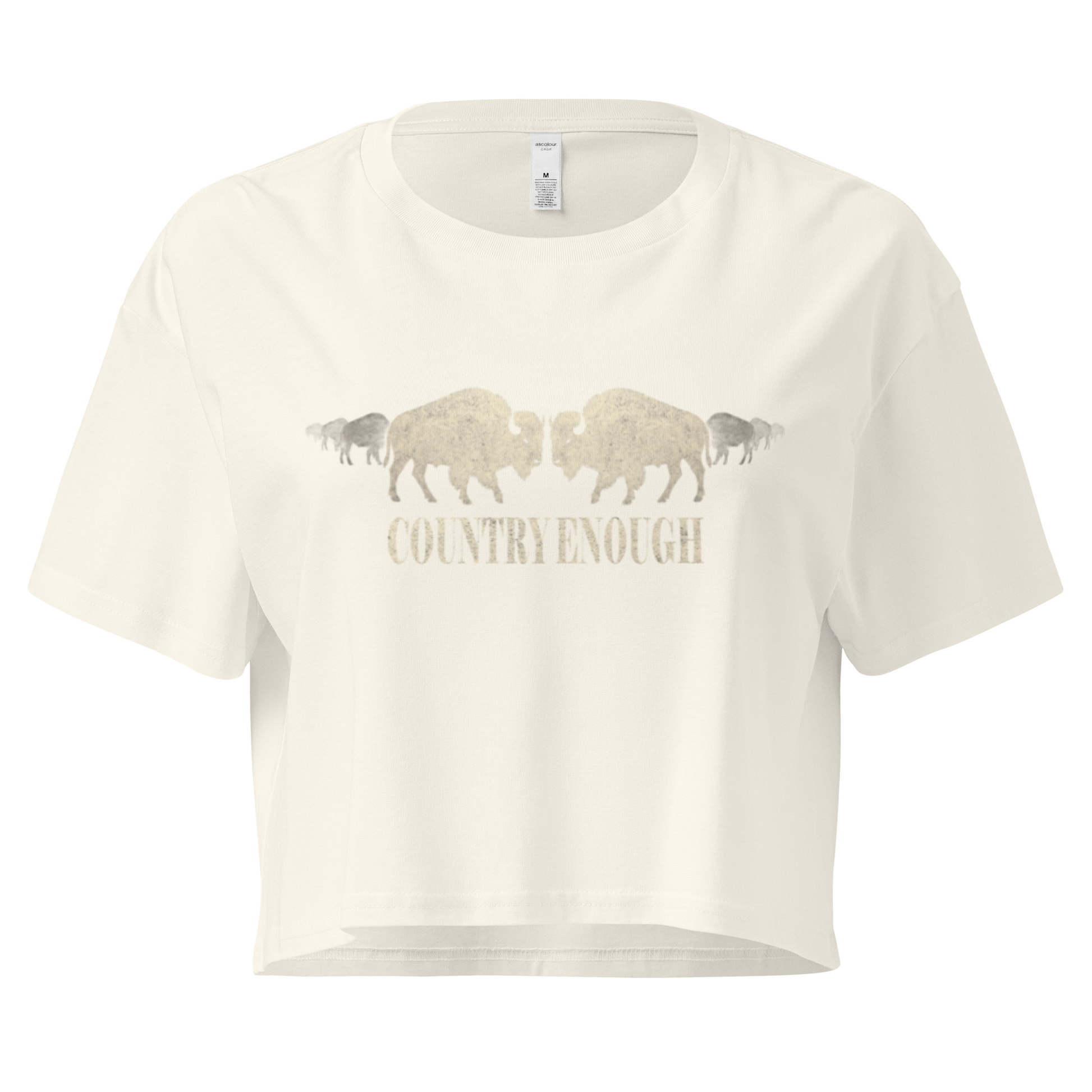Natural crop top with graphic of mirrored bison silhouette and words country enough #natural