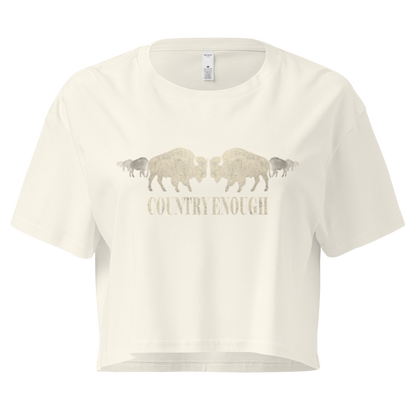Natural crop top with graphic of mirrored bison silhouette and words country enough #natural