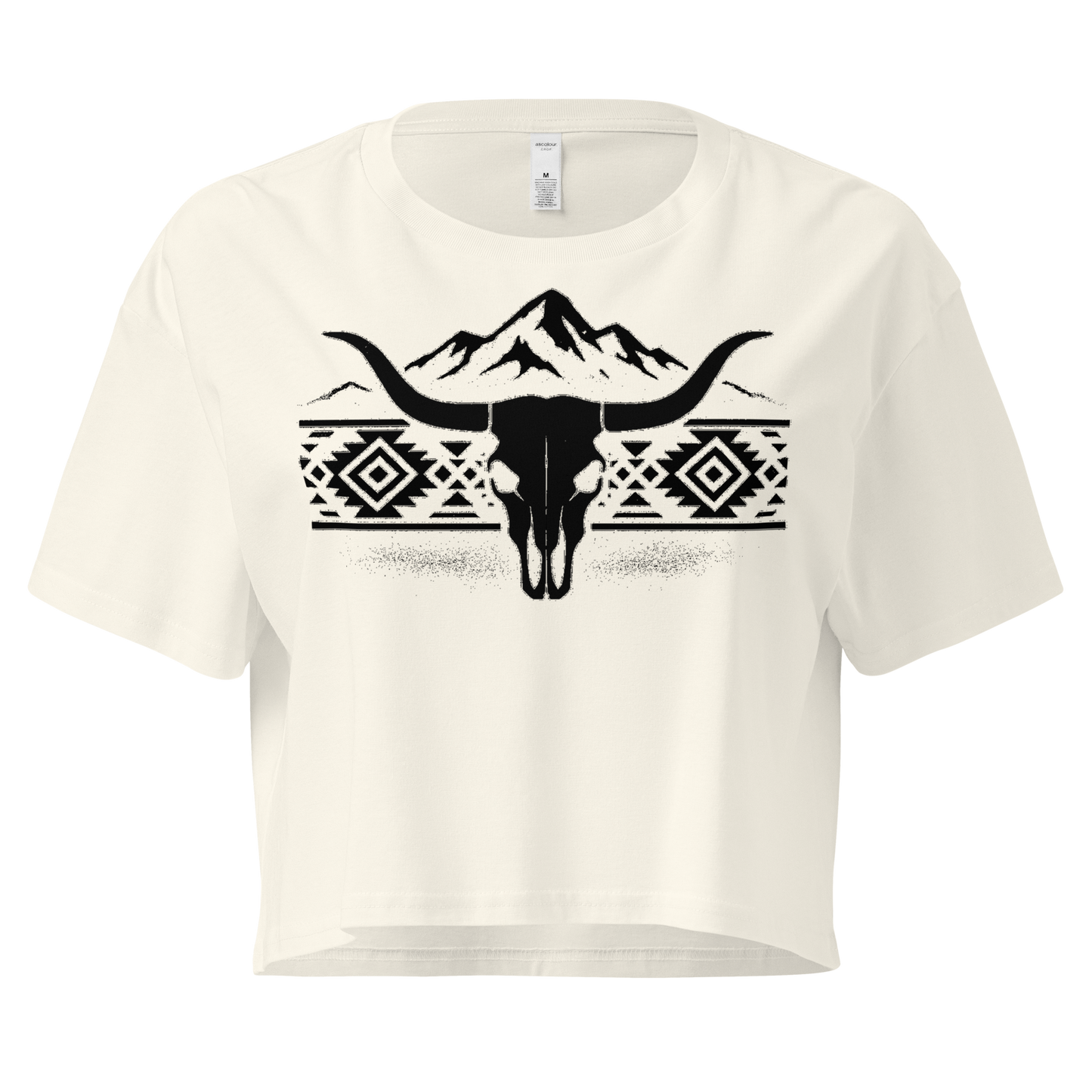 Natural crop top with mountains, bull skull, and Aztec pattern graphic #natural