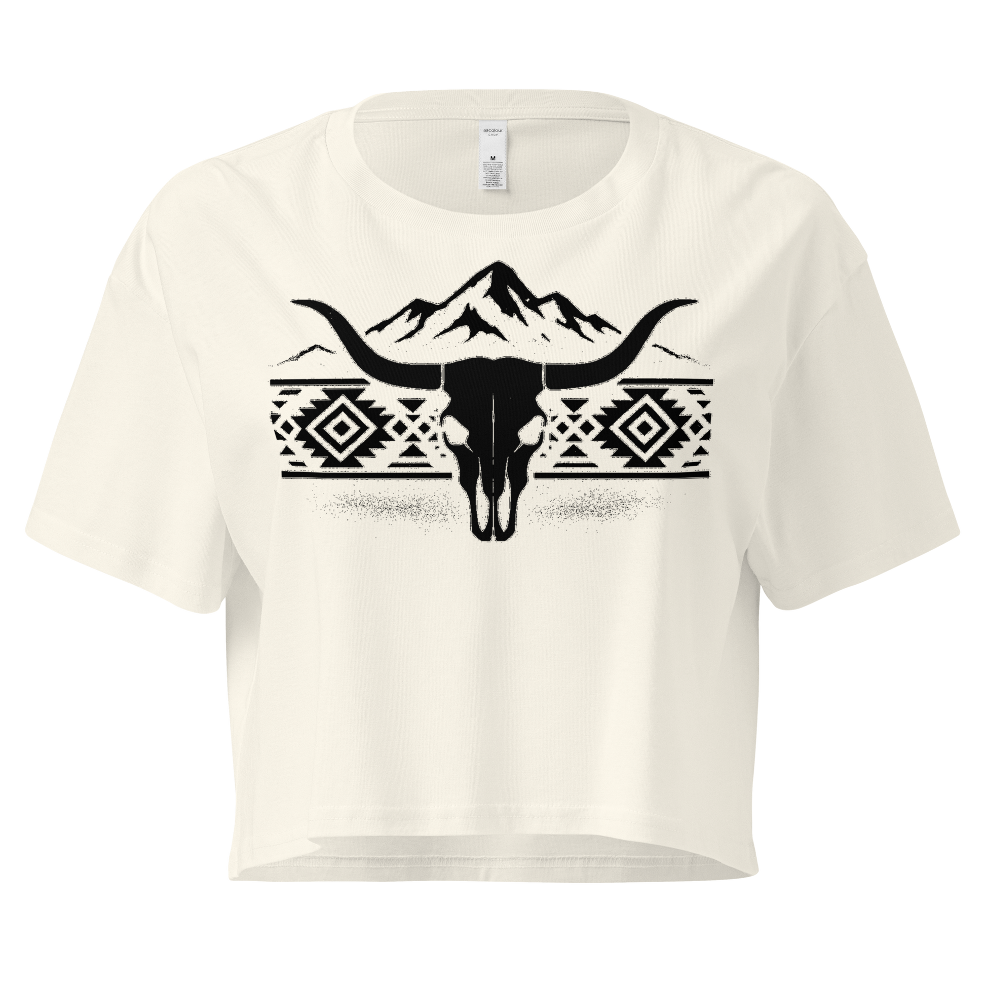 Natural crop top with mountains, bull skull, and Aztec pattern graphic #natural