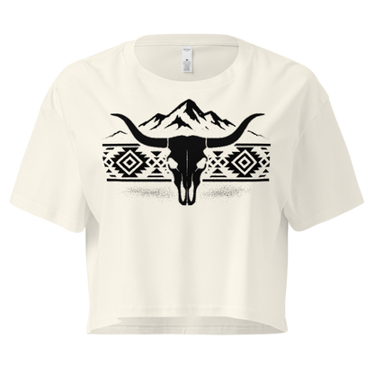 Natural crop top with mountains, bull skull, and Aztec pattern graphic #natural