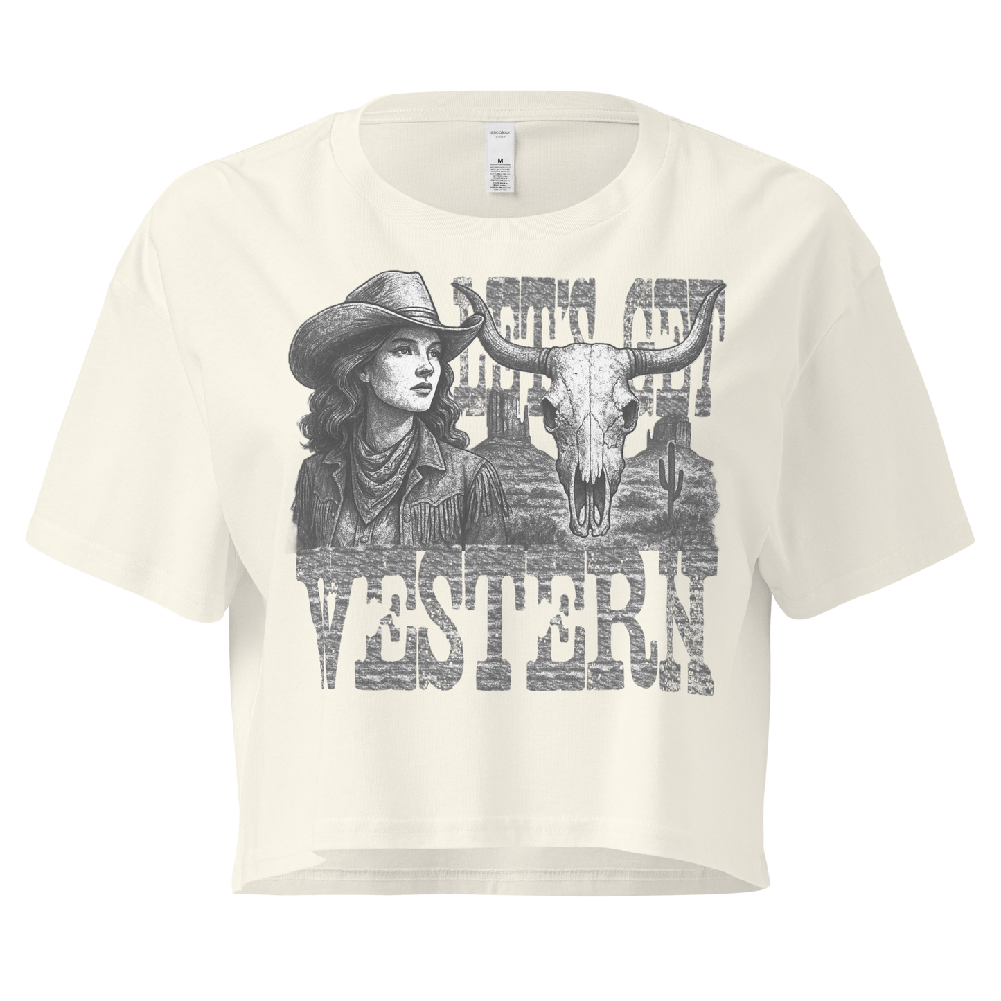 Natural crop top with cowgirl, longhorn skull, desert landscape and words Let's Get Western #natural
