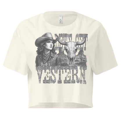 Natural crop top with cowgirl, longhorn skull, desert landscape and words Let's Get Western #natural