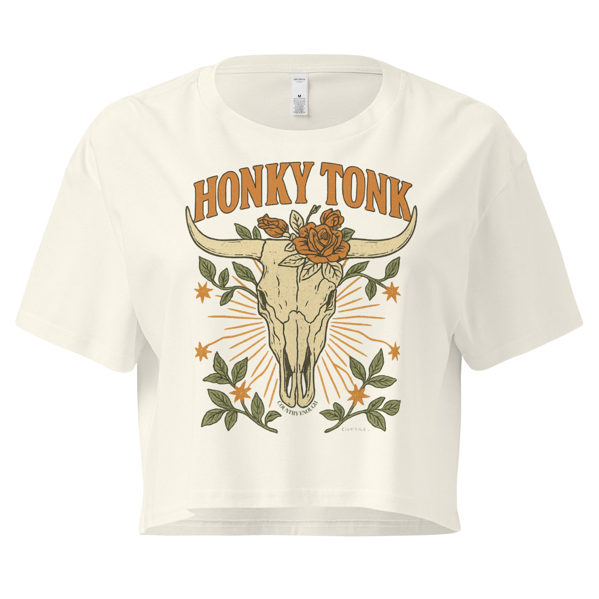 Natural crop top with graphic of bull skull and flowers with words honky tonk across the top #natural