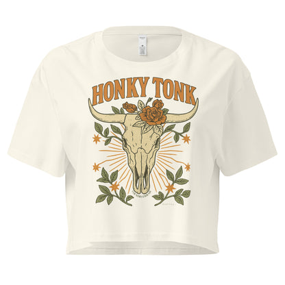 Natural crop top with graphic of bull skull and flowers with words honky tonk across the top #natural