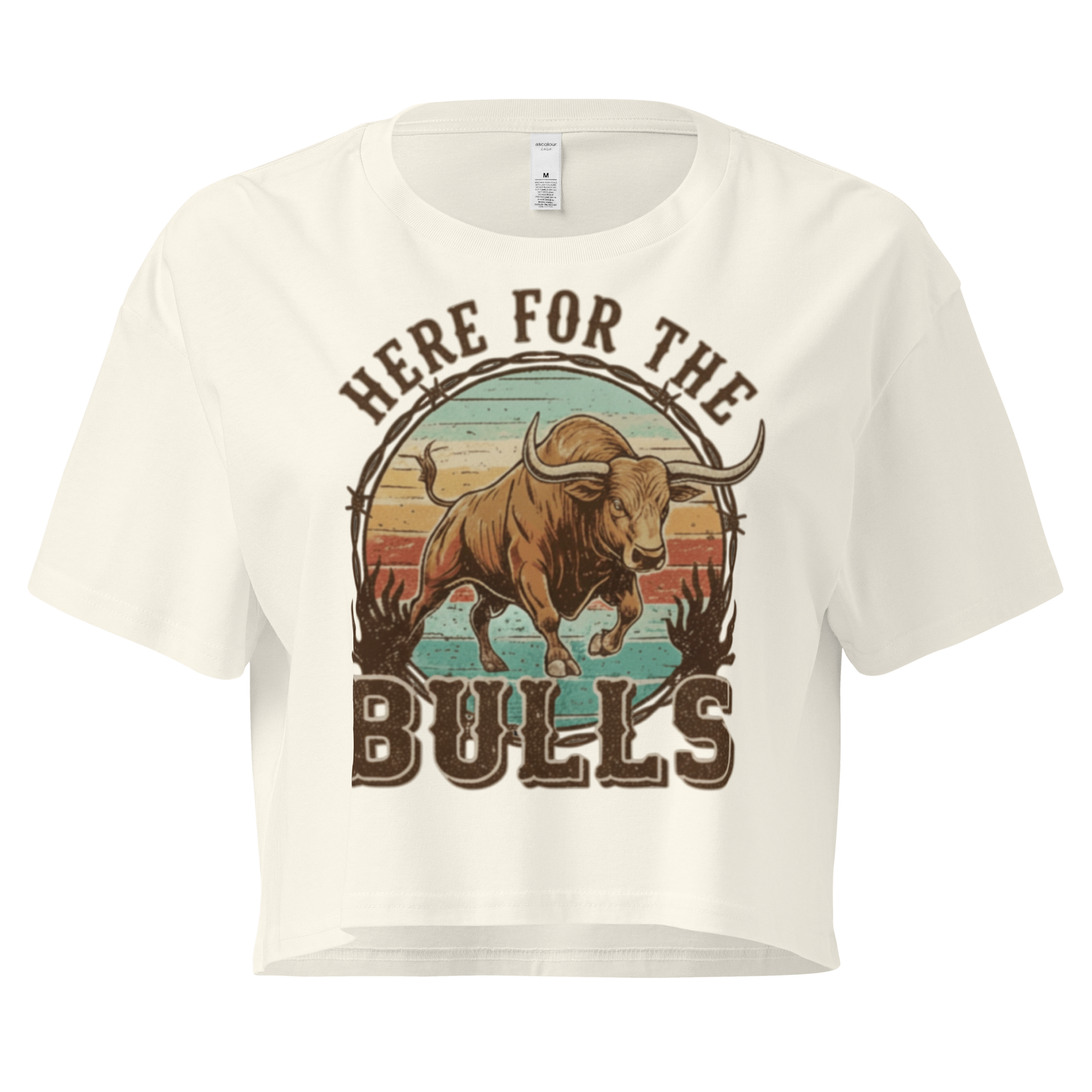 Natural crop top with graphic of retro coloring, a bull, and the words here for the bulls. #natural