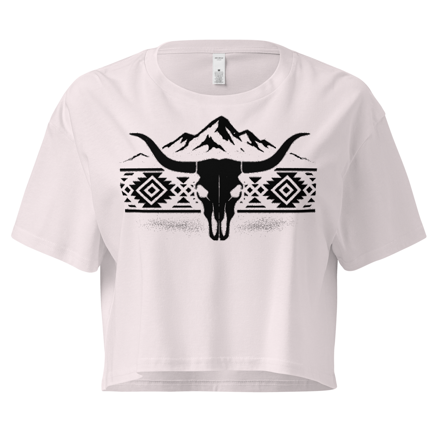 Orchid crop top with mountains, bull skull, and Aztec pattern graphic #orchid