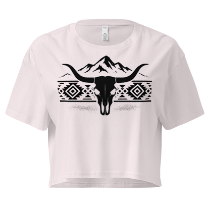 Orchid crop top with mountains, bull skull, and Aztec pattern graphic #orchid