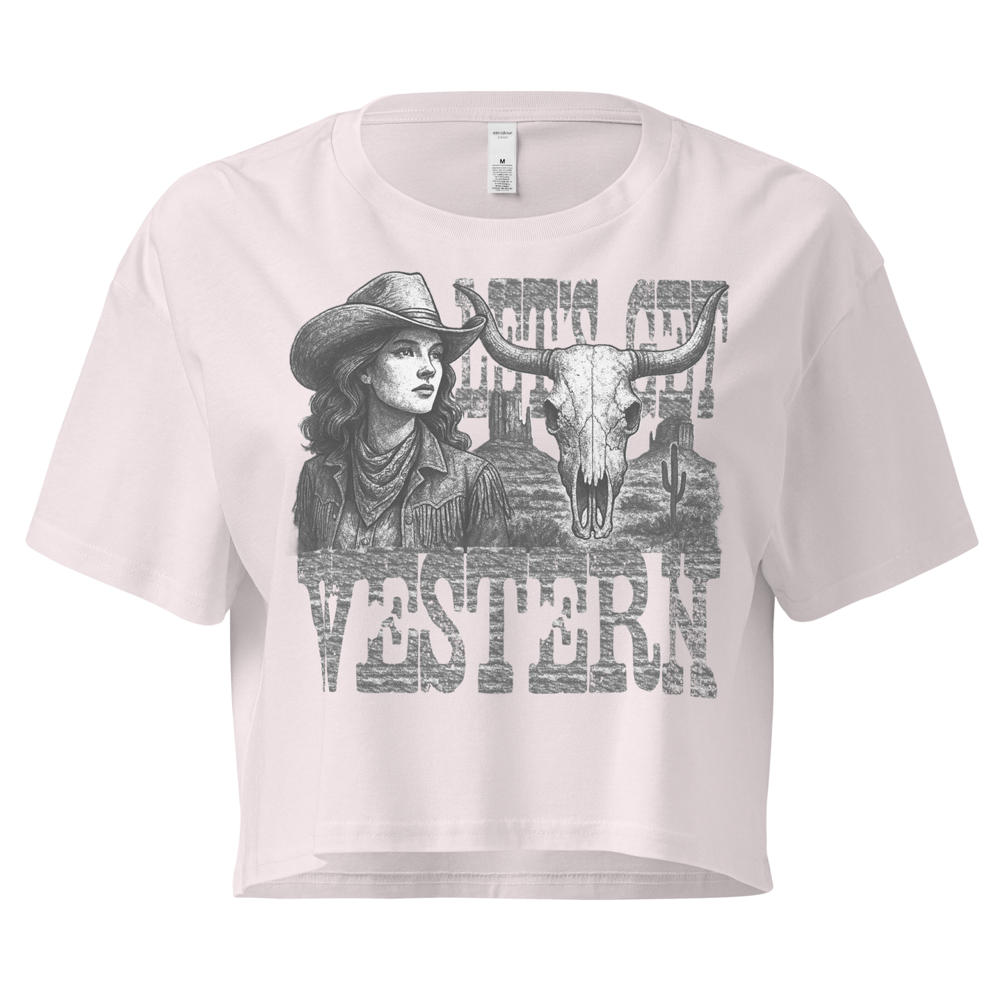 Orchid crop top with cowgirl, longhorn skull, desert landscape and words Let's Get Western #orchid