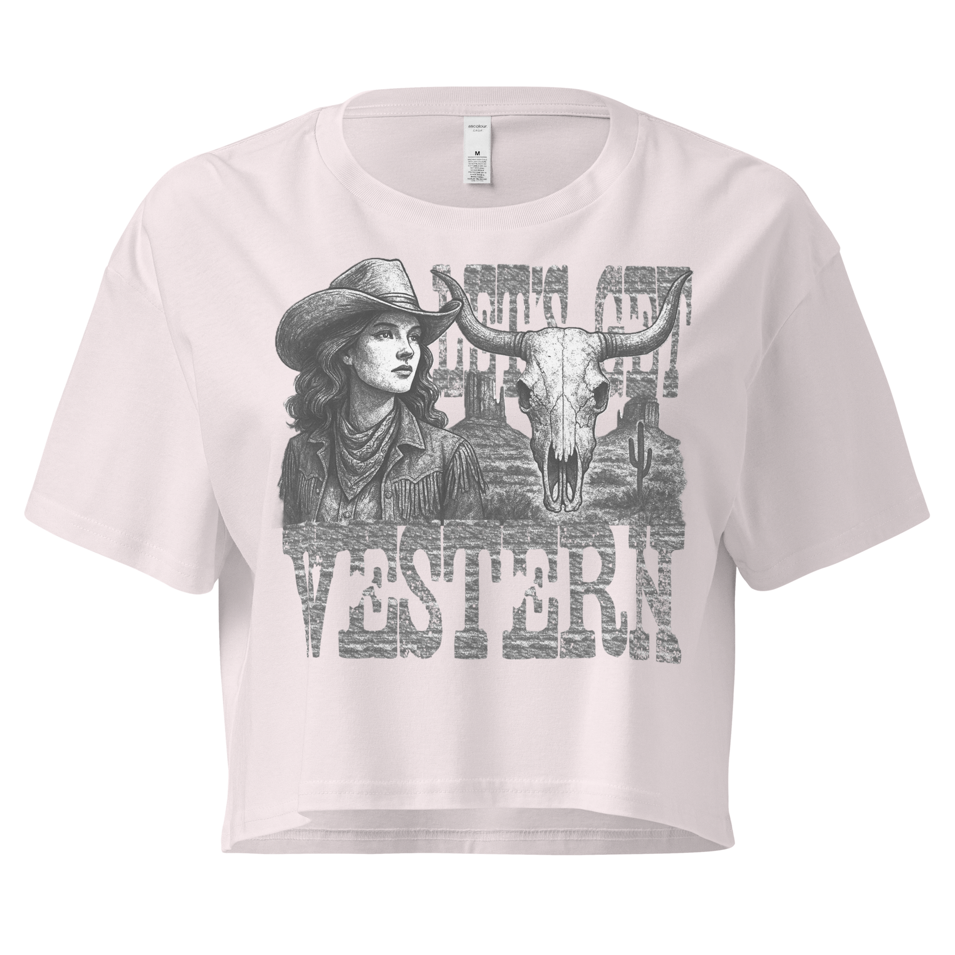 Orchid crop top with cowgirl, longhorn skull, desert landscape and words Let's Get Western #orchid