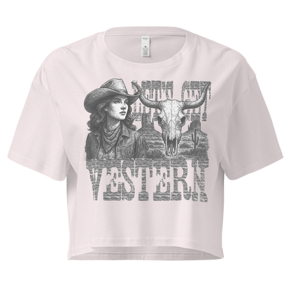 Orchid crop top with cowgirl, longhorn skull, desert landscape and words Let's Get Western #orchid