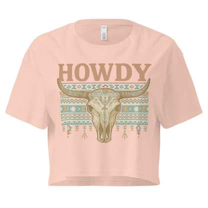 Pale Pink crop top with graphic of bull skull, aztec pattern, and the word howdy #palepink