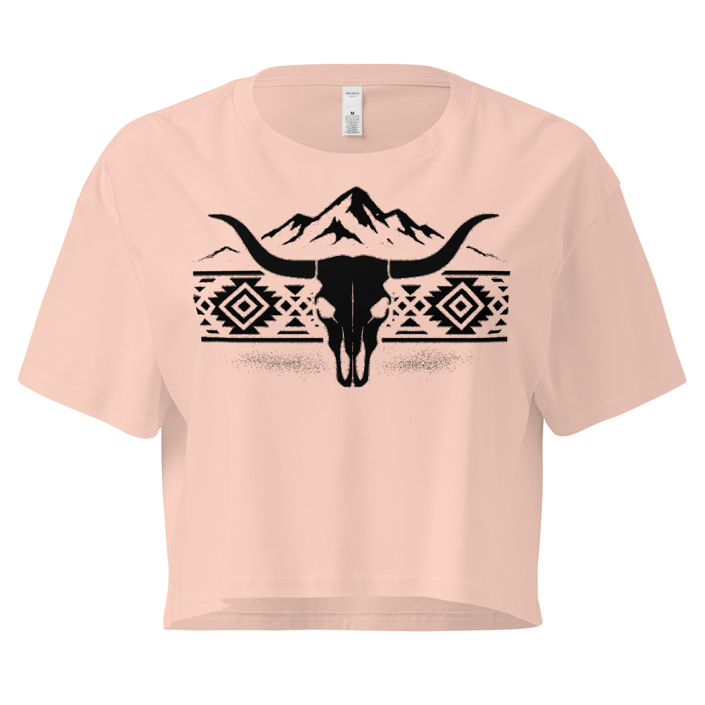Pale Pink crop top with mountains, bull skull, and Aztec pattern graphic #palepink