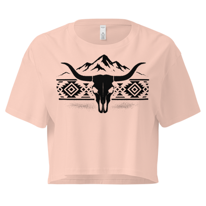 Pale Pink crop top with mountains, bull skull, and Aztec pattern graphic #palepink