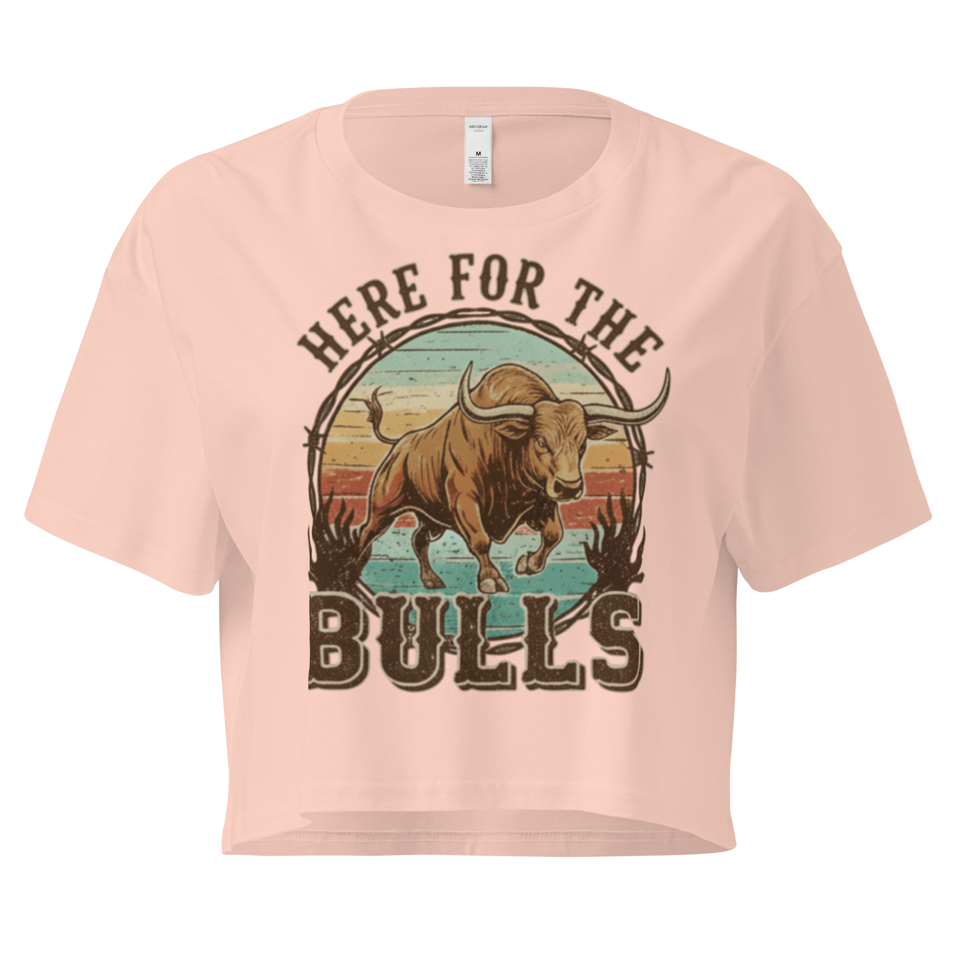 Pale Pink crop top with graphic of retro coloring, a bull, and the words here for the bulls. #palepink