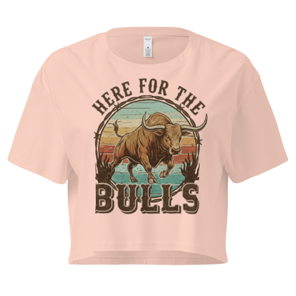 Pale Pink crop top with graphic of retro coloring, a bull, and the words here for the bulls. #palepink