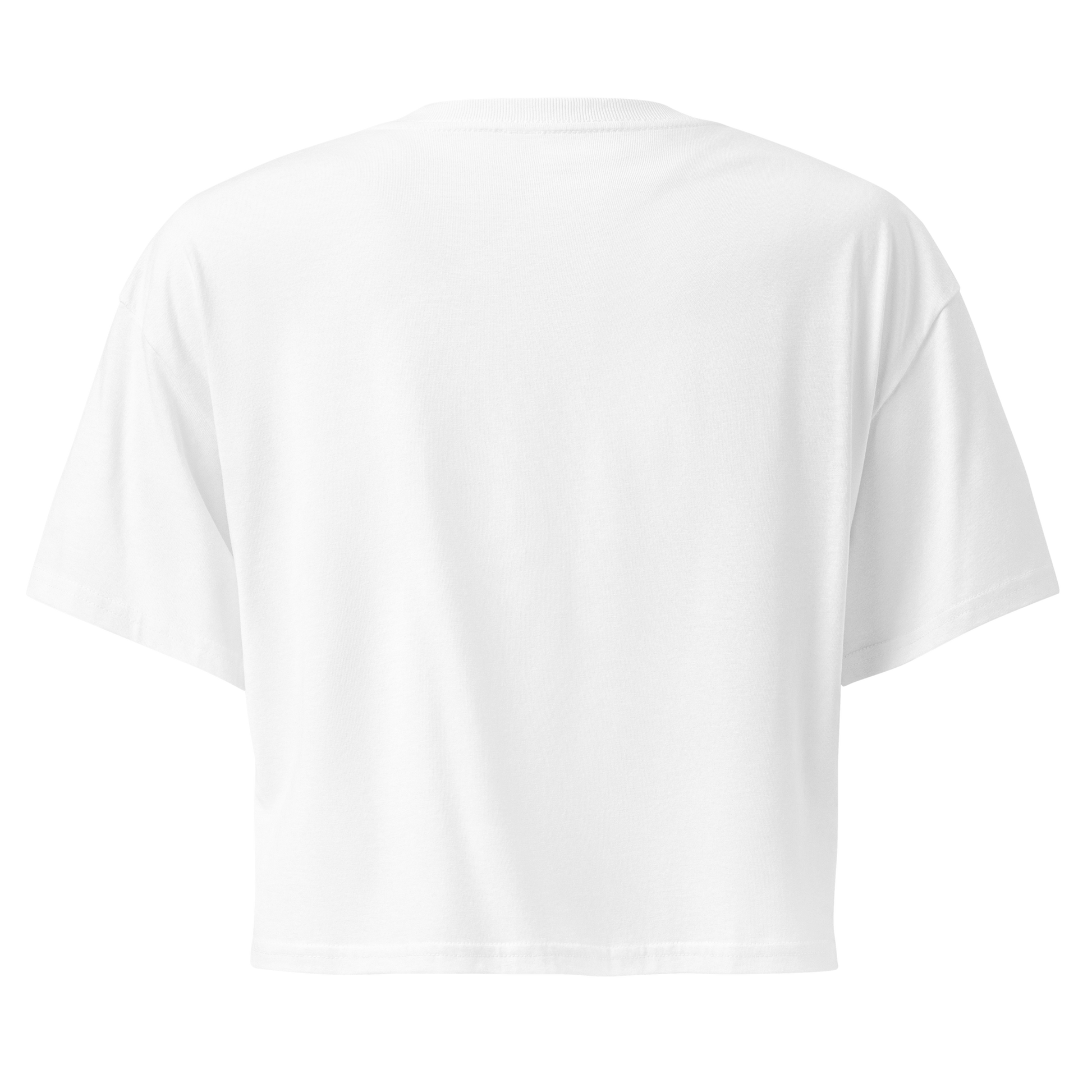 White crop top with graphic of bull skull in front of a circular desert landscape with rope border and word cowboy below #white