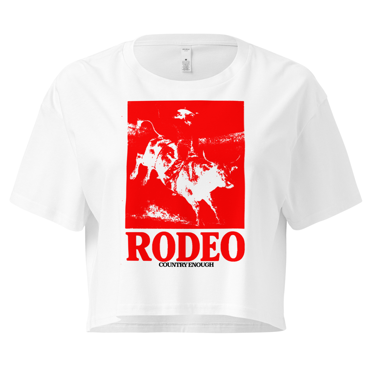 White crop top with bright red graphic of a cowgirl riding a bull and the word rodeo below #white