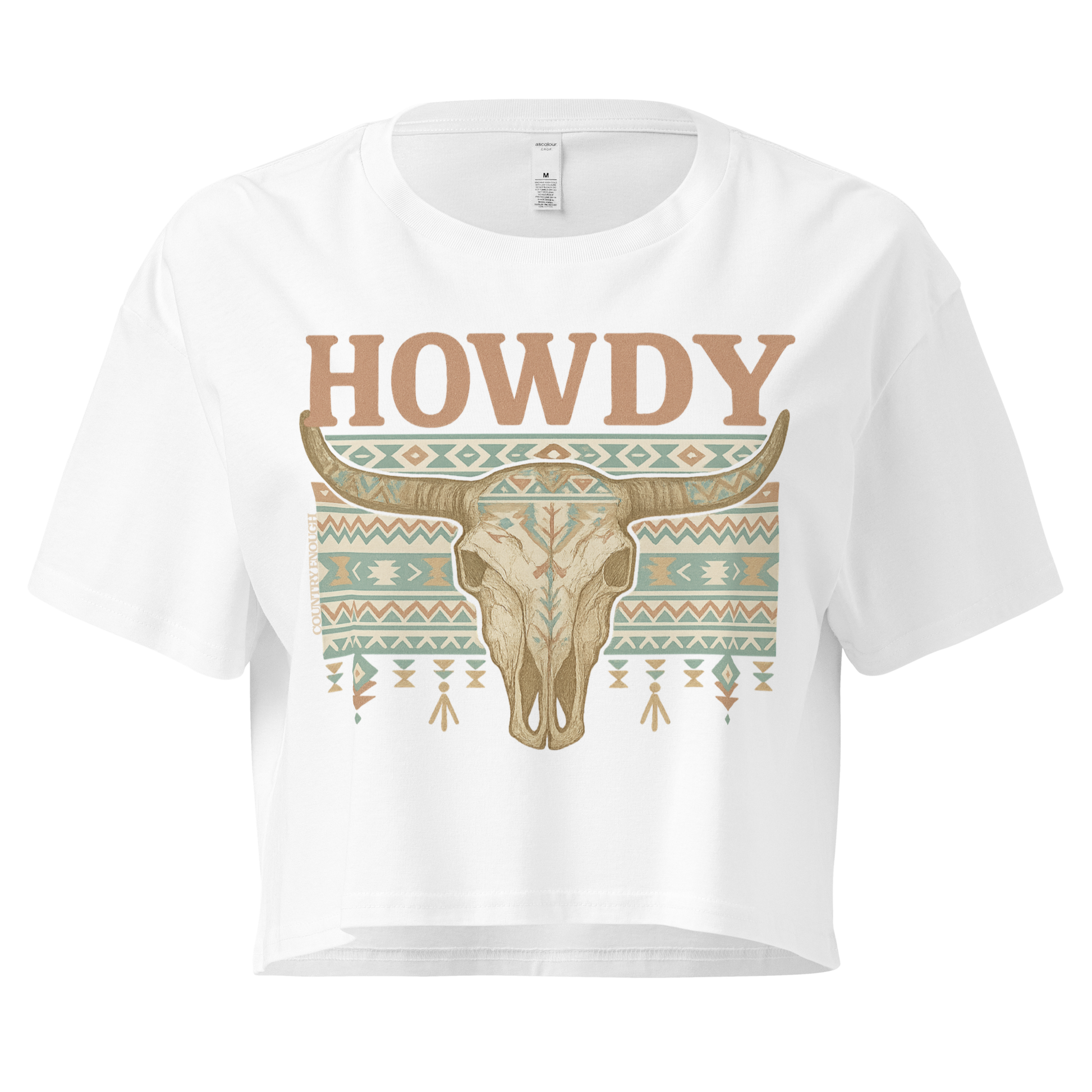 White crop top with graphic of bull skull, aztec pattern, and the word howdy #white