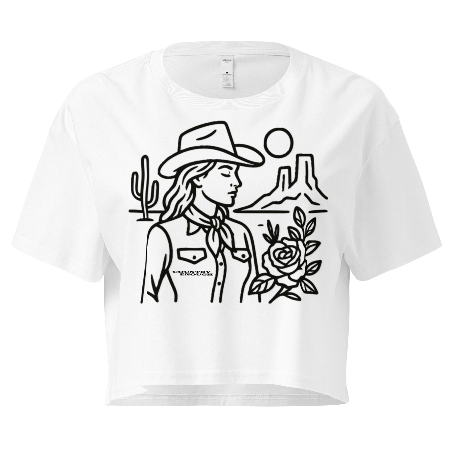 White crop top with graphic of a cowgirl, desert landscape, sun, cacti, and rose #white