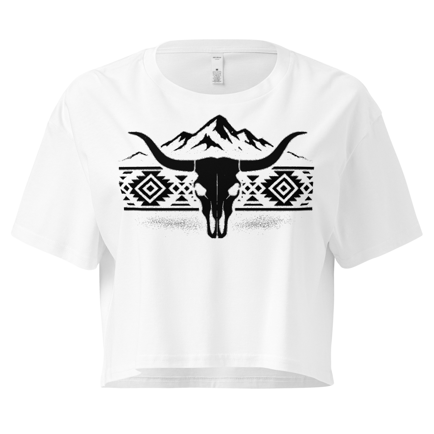 White crop top with mountains, bull skull, and Aztec pattern graphic #white