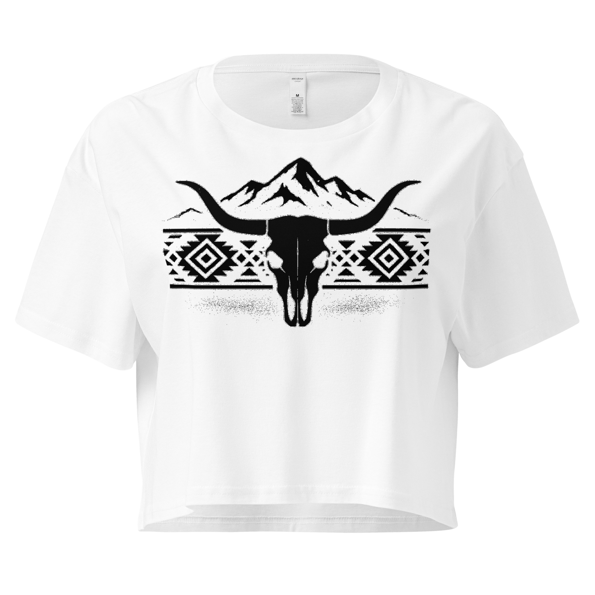 White crop top with mountains, bull skull, and Aztec pattern graphic #white